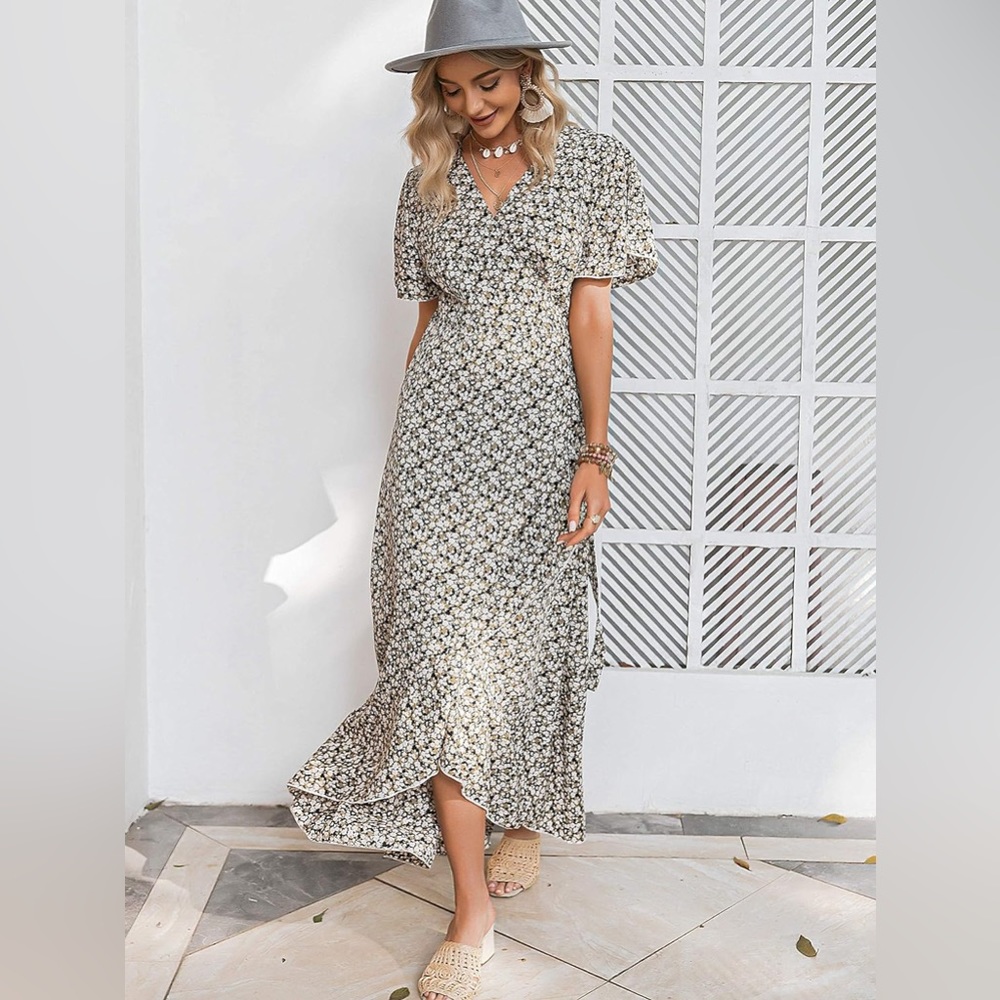 Floral Print V Neck Wrap Dress